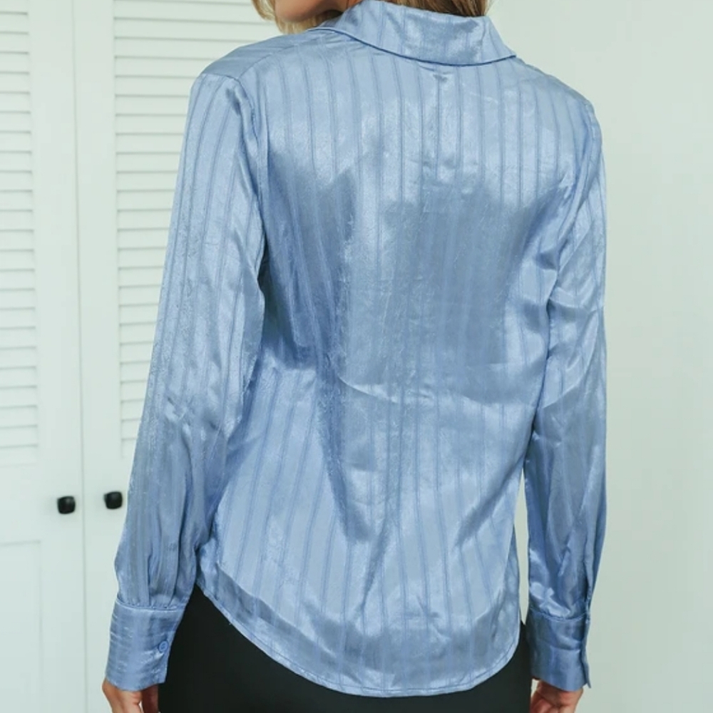 Real Deal Dusty Blue Striped Satin Button-Up Shirt (Size M) - Picture 2 of 8